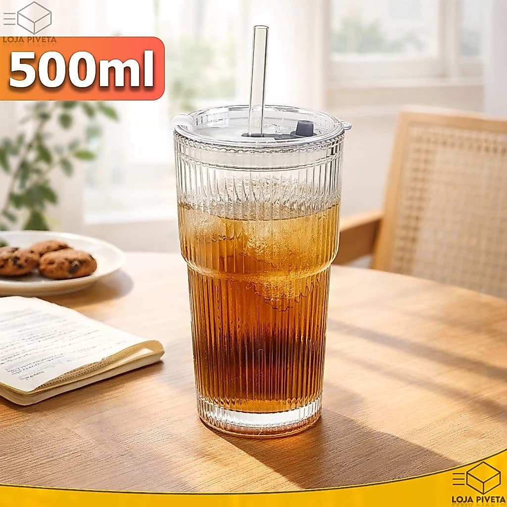 Copo de Vidro Groove Canelado Com Tampa e Canudo 500ml Vedação Hermética Água Suco Drink Batidas