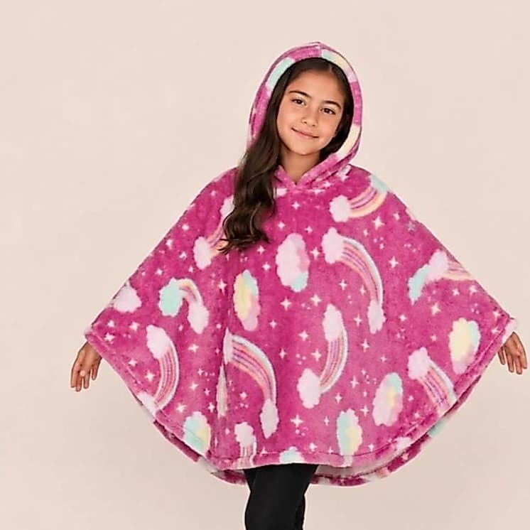 Poncho De Inverno Infantil Unisex- Quentinho Com Capuz Estampado - Liso Menino Menina