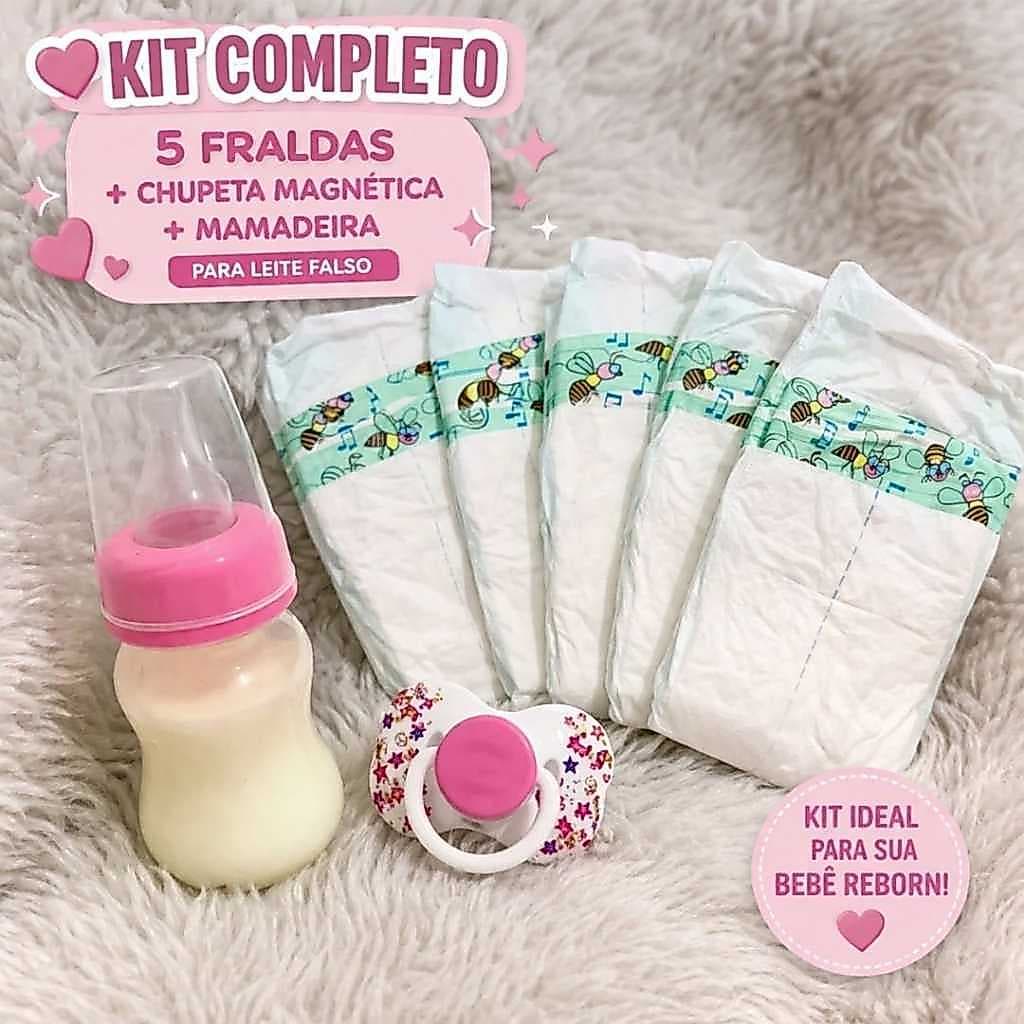Kit Boneca Reborn Acessórios 5 Fraldas + Chupeta Magnética + Mamadeira Sem Furo