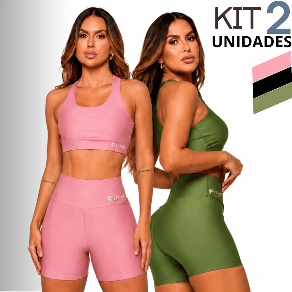 Kit Dois Conjuntos Fitness Femininos Top Nadador com Bolso Traseiro e Short Cintura Alta Zero Transparencia Academia