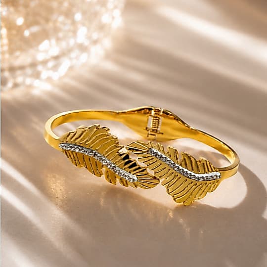 Bracelete Dourado Folhas 316L com Zirconia Feminino Inspiração Grife | Pode Molhar Não Escurece