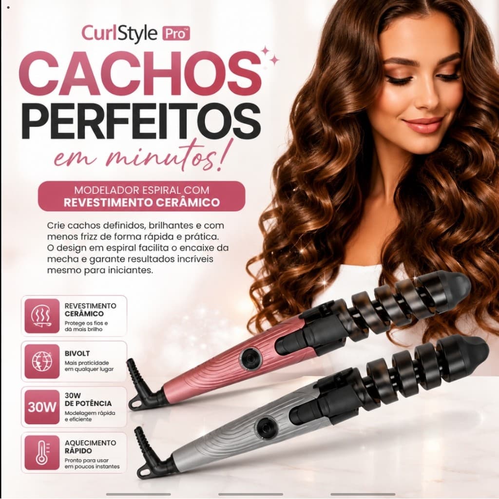 Modelador de Cachos CurlStyle Pro™ 30W Bivolt Revestimento Cerâmico Modelador Espiral Anti Frizz Aquecimento Rápido