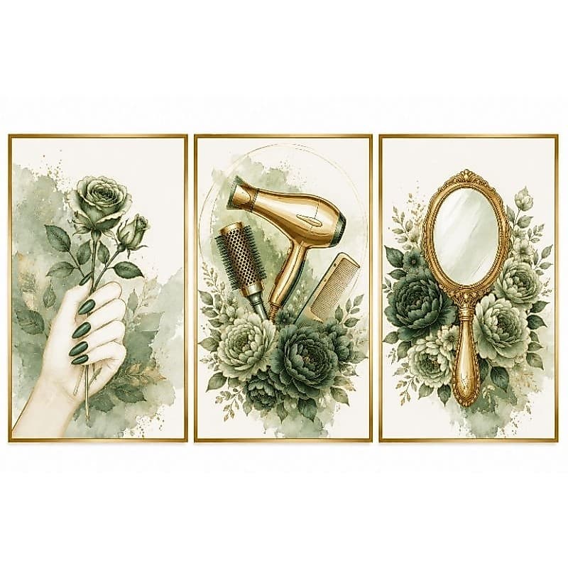Quadros Decorativos para Salão de Beleza, Clínica de Estética e Spa Verde com Dourado sem moldura