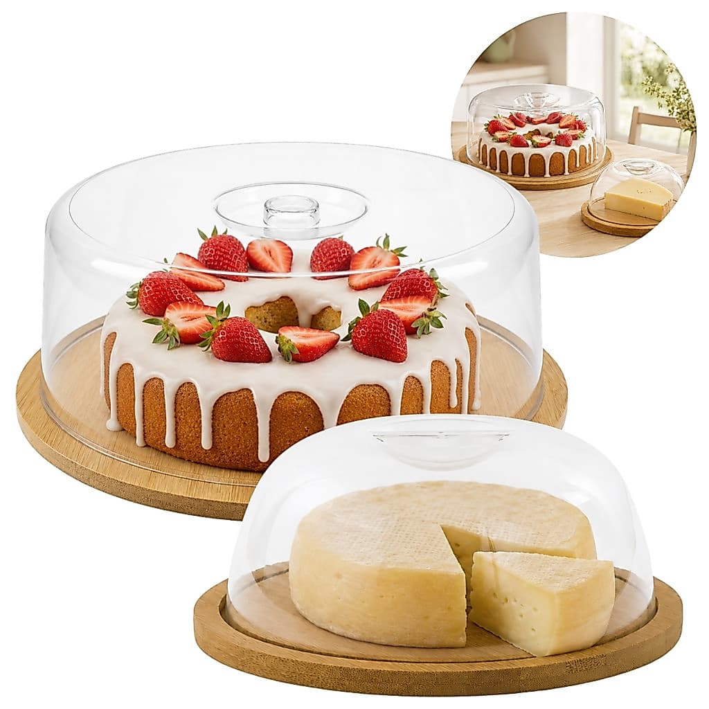 Kit Boleira AM7960 28cm + Queijeira FJ91570 19cm Com Base Bambu E Cúpula Acrílica Transparente