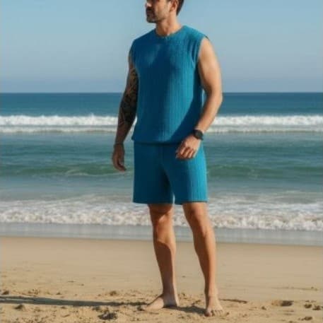 Conjunto Masculino Premium: Regata + Shorts em Malha Tricot Trabalhada