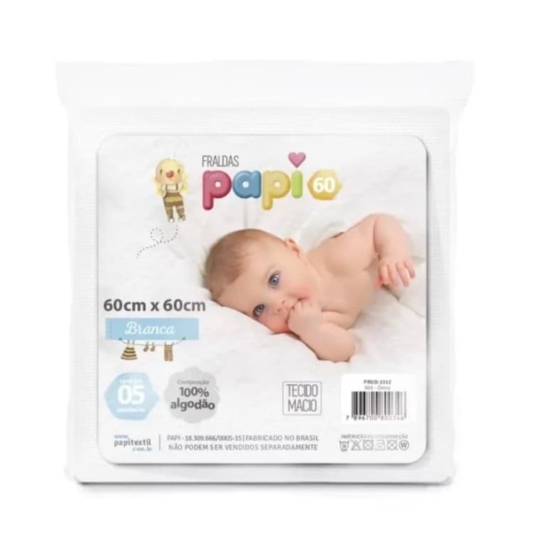 Fralda de Pano Branca Papi com 5 Unidades 60x60