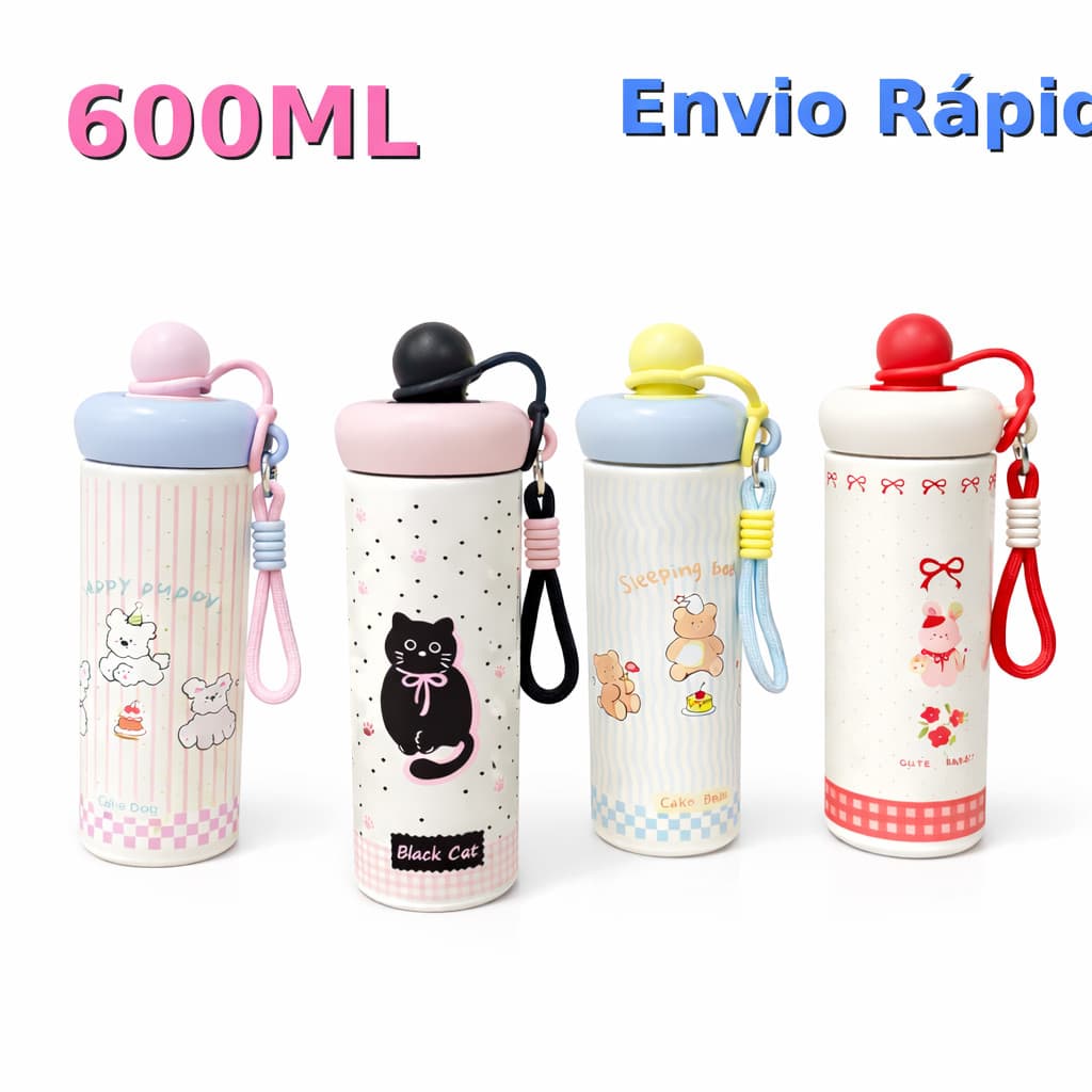 Garrafa Térmica 600ml Infantil  Aço Inox 316 Dupla Camada com Canudo Tampa Rosca com Esfera Alça Portátil Sem BPA