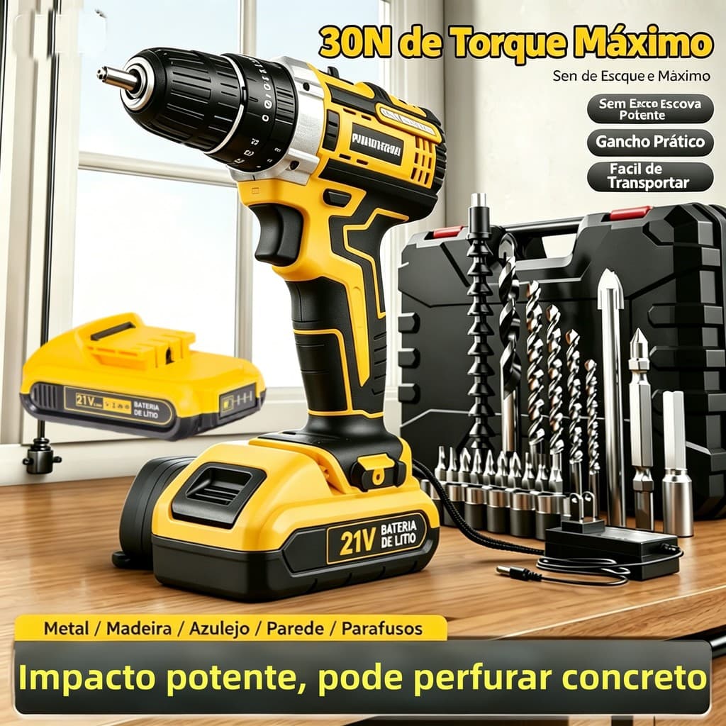 Furadeira de Impacto 21V Recarregável Duas Baterias Acessórios Completos e Maleta Multiuso para Madeira, Parede e Metal
