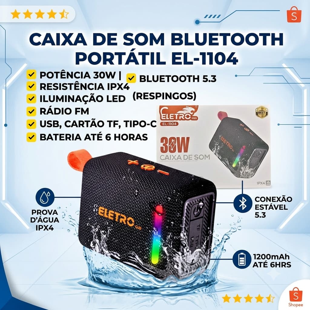 Caixa de Som Bluetooth Portátil 30W LED IPX4 Prova D'Água USB TF FM Alça Bluetooth 5.3 EL-1104