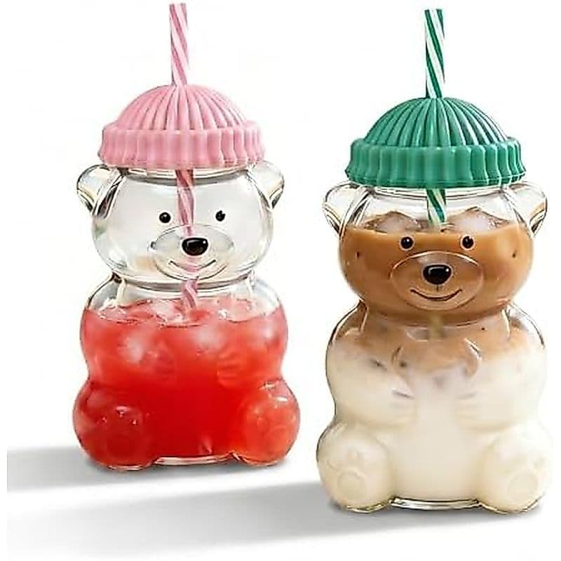 Copo De Vidro De Urso Fofo Com Canudo E Tampa Reutilizáveis , 20 Onças , 2 Peças | Borosilicato , Em Formato De Para Caf