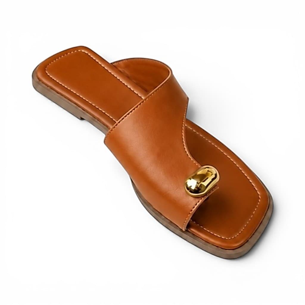 Sandália Slide Feminina com Detalhe Metálico Dourado Rasteira Bico Quadrado Confortável Casual Minimalista Elegante