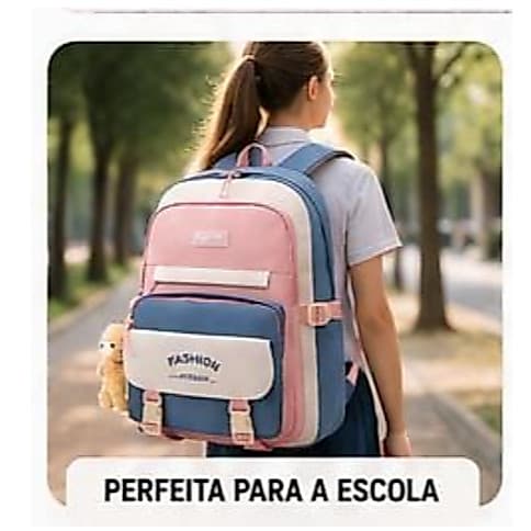 Mochila Escolar Fashion 6601# – Espaçosa, Confortável e com Ursinho de Brinde! 🧸💖