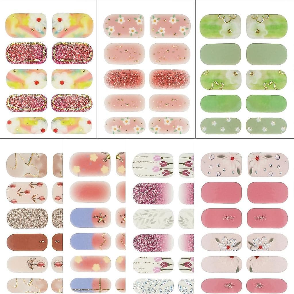 Tiras de Unhas em Gel Spring 1-7 - 98 Tiras de Esmalte Autoadesivas com Designs Florais, Adesivos de Unhas em Gel de Lon