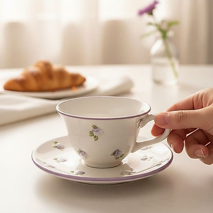 Xícara Chá Café Porcelana Premium 180ml Estampa Floral Lilás E Pires Coquette | Pronta Entrega