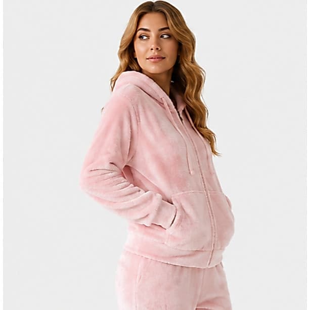 Conjunto Feminino Plush Premium com Capuz e Zíper Rosa Bebê