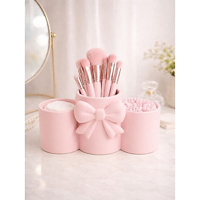 Organizador de Maquiagem com Laço Decorativo | Porta Pincéis, Algodão e Cotonetes