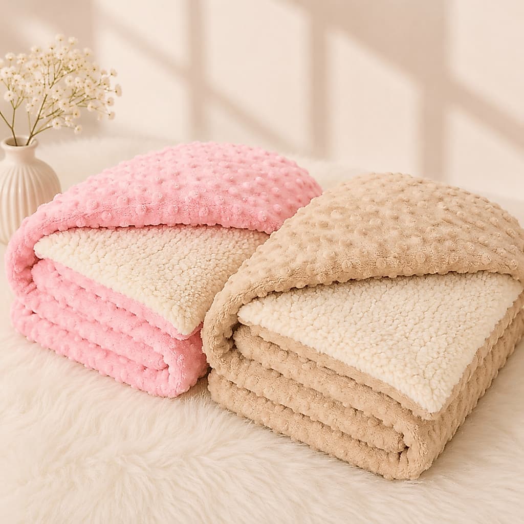 Kit 2 Cobertores Sherpa Dupla Face Carneirinho Quentinho Inverno Recem Nascido Fofinho Luxo Bolinhas Soft