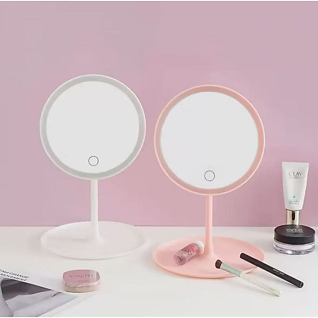 Espelho de mesa redondo com luz LED para maquiagem.