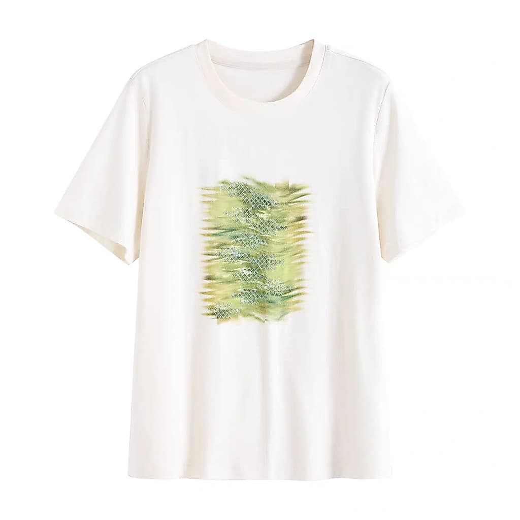 Camiseta feminina verão novo estilo minimalista aquarela mancha de manga curta topo em torno do pescoço clareamento redu