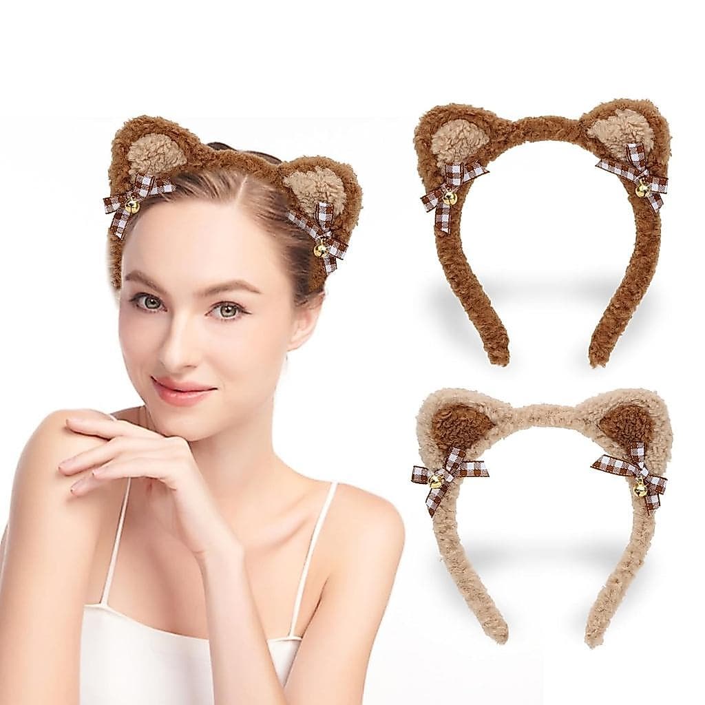 2PCS Bear Ears Headband Cute Brown Animal Ears Headband Adult for Halloween Fluffy Head Wear for Makeup Washing Face Cos