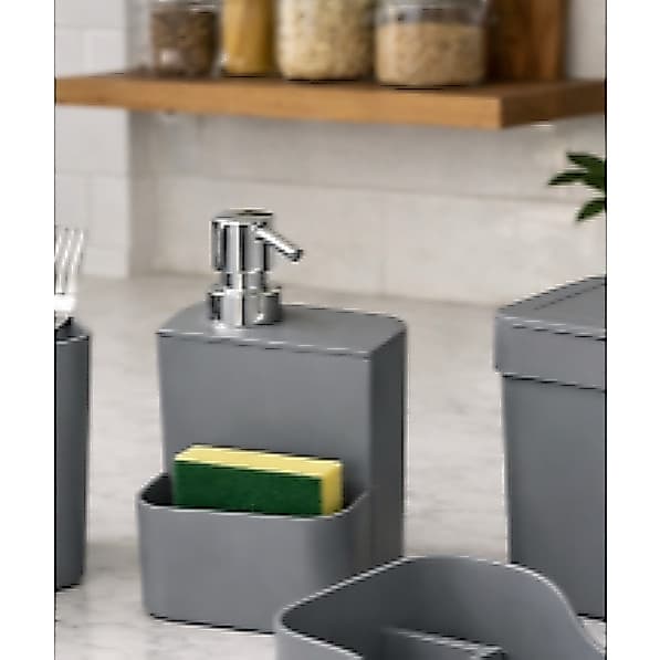 Dispenser para Detergente e Esponja Cinza 650ml Porta Detergente Organizador de Pia