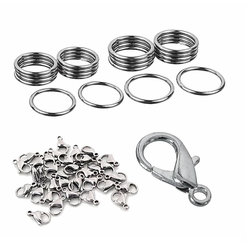 fecho lagosta prata 12mm pacote com 50unidades mais 100 argolas 5mm