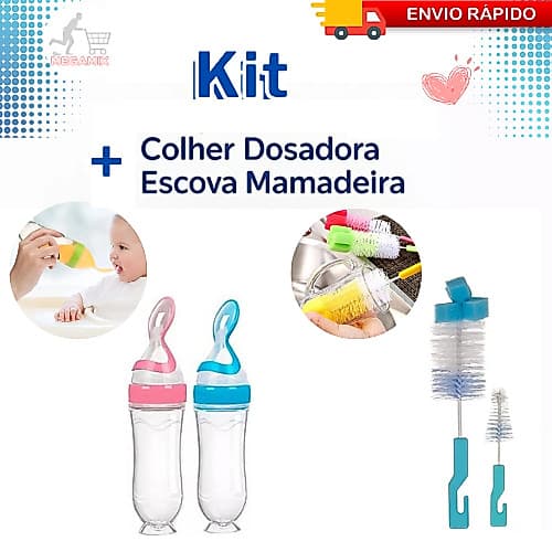 Kit Mamadeira Colher Dosadora para Papinha + Escova Lavar Mamadeira - Bicos - Garrafas Fácil Higienização