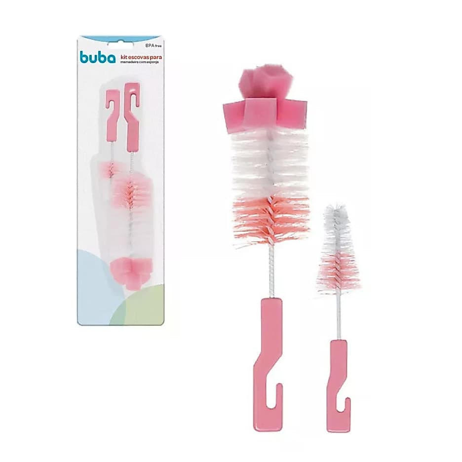 Kit Escovas Limpador de Mamadeira com Bucha Esponja e Escova Bico  - Cor: Rosa, Buba Higiene, Mamadeira Meninas Limpeza