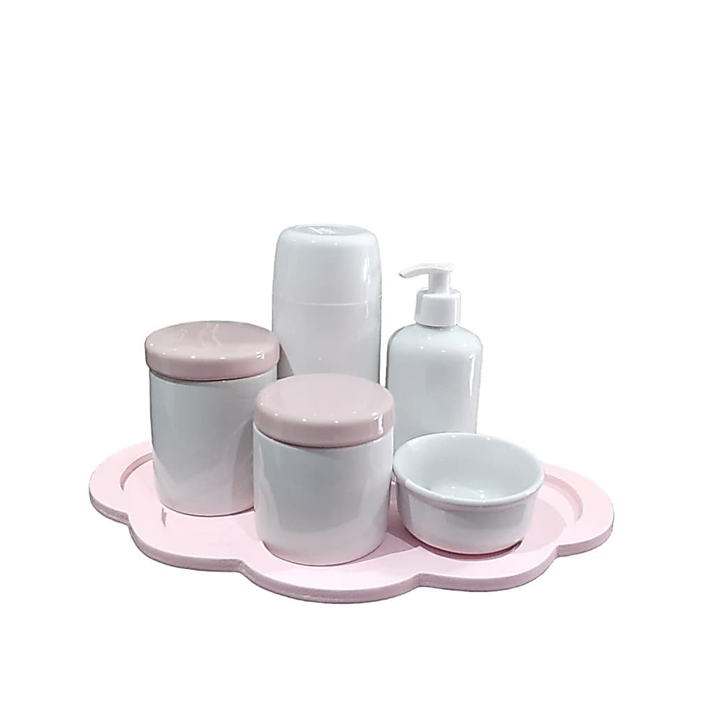 Kit higiene bebê menina maternidade rosa potes garrafa térmica saboneteira liquida bandeja