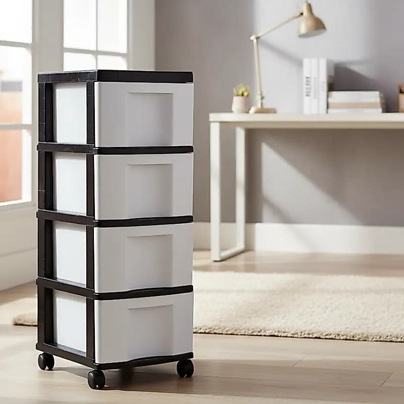 Gaveteiro Plástico Preto/Branco 4 Gavetas com Rodízios – Organizador Multiuso Agraplast 752