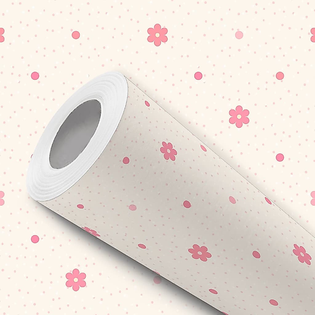 Papel de Parede Adesivo Bege com Poá e Flores Rosa Fácil Instalação