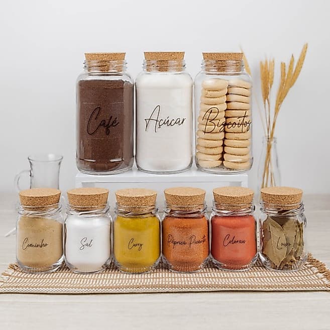 KIT 9 PEÇAS - 3 Potes Cantinho do Café 810ml + 6 Potes de Tempero 200ml com Etiquetas | Armazenamento Vidro, Cozinha