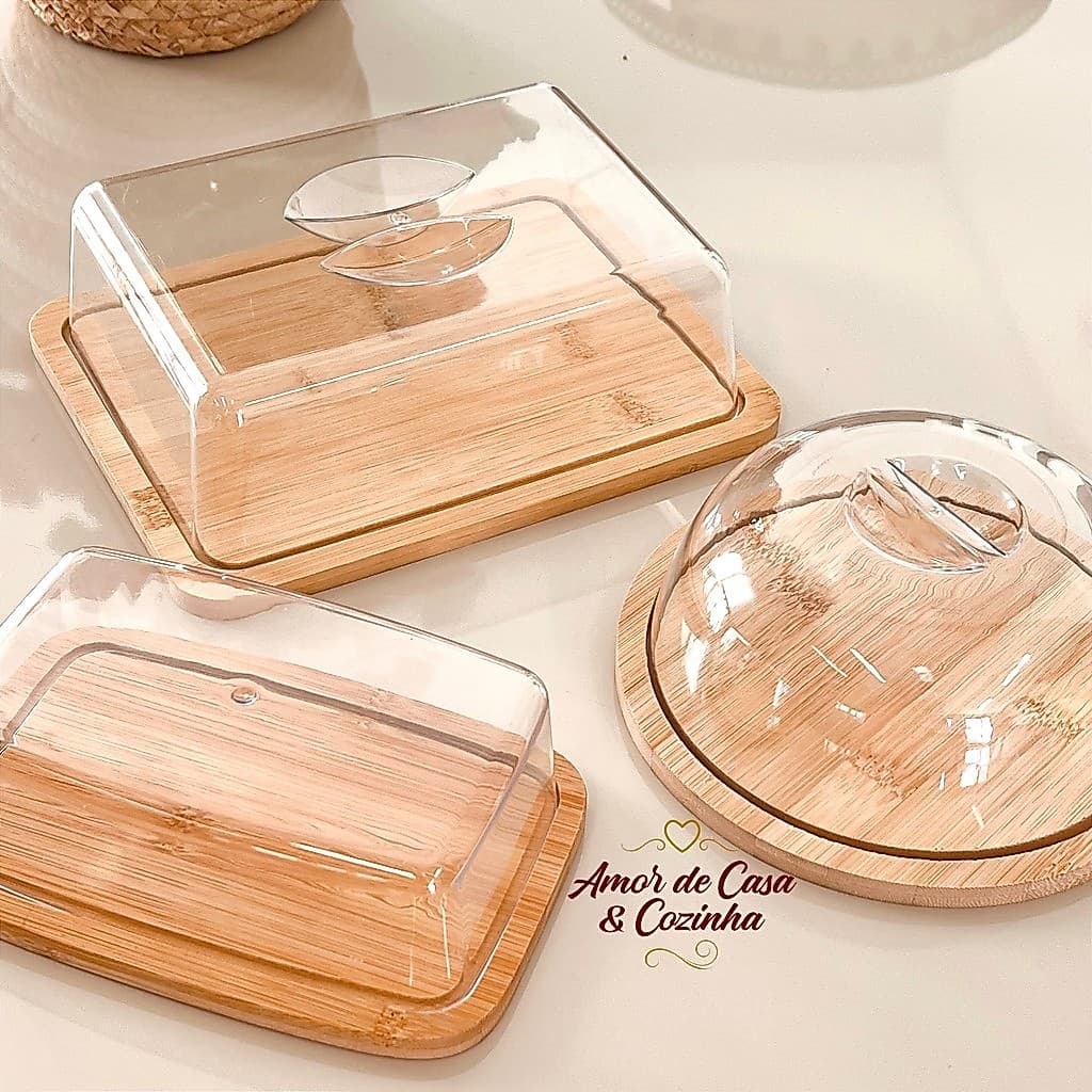 KIT MESA POSTA BAMBU 3 PEÇAS QUEIJEIRA MANTEIGUEIRA E PORTA FRIOS