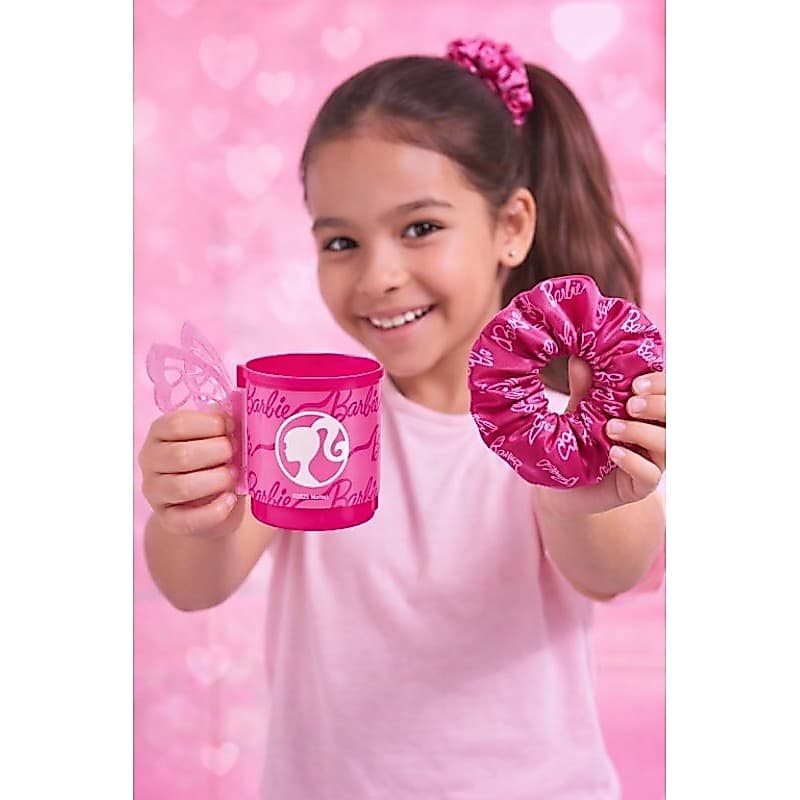 Kit Barbie Infantil Caneca Plástica + Scrunchie Rosa PRODUTO ORIGINAL ENVIO RAPIDO