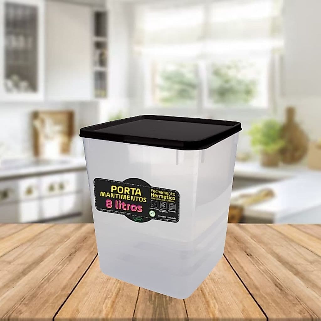 Pote Mantimento Herméticos 5kg Arroz Capacidade 8,0L Empilhável Tampa Preta Trava Vedação Freezer Geladeira Microondas