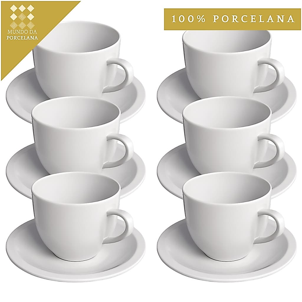 Jogo 6 Xicara Pires Café Chá Porcelana Branca 170ml Lar Decoração Mesa Posta