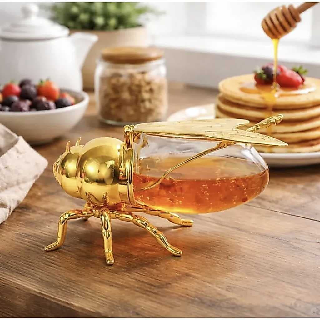 Açucareiro Meleira Abelha Luxo Dourada Acrílico Com Colher Mesa Posta 150ml