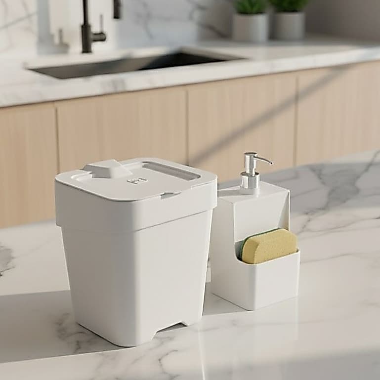 Kit Pia C/ Lixeira Branca 2,5L Tampa Quadrada Porta Detergente Branco