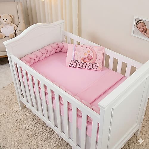 Lençol Bebê Berço Americano + Fronha Personalizada com Nome Ursinho Dormindo Enxoval Infantil