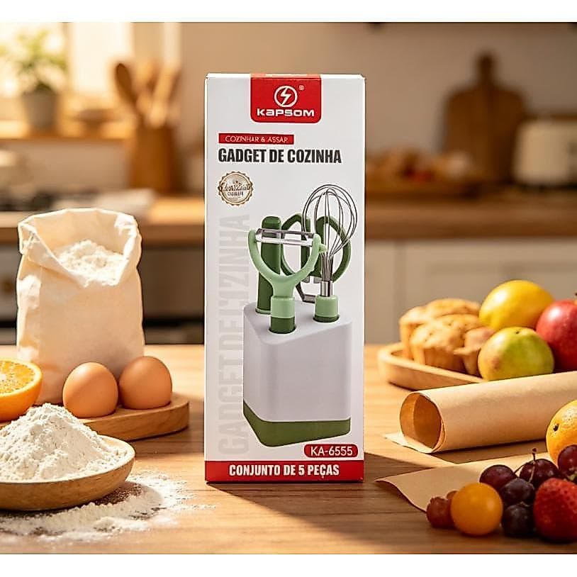 Conjunto Gadget de Cozinha 5 Peças com Base Organizadora – Prático, Moderno e Essencial para sua Cozinha