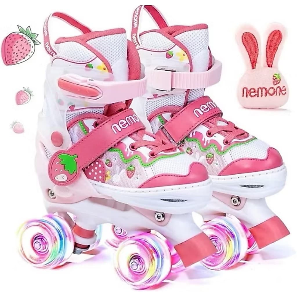 Patins Moranguinho Orelha De Coelho Quad Com Ajuste De Tamanho Rodas Com Led Mais Kit Proteção