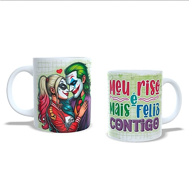 Caneca personalizada Coringa&Arlequina meu sorriso é mais feliz contigo