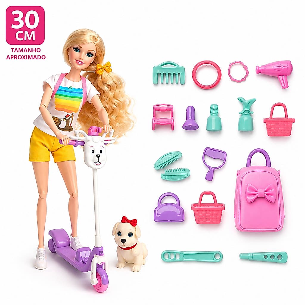Boneca Fashion com Patinete + Acessórios | Kit Completo Infantil