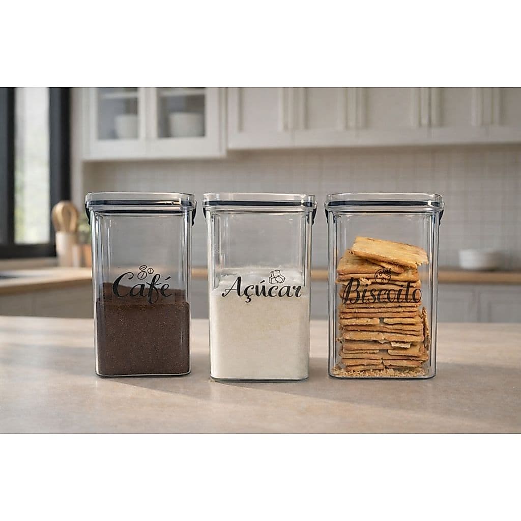 Kit Cantinho do Café - Café, Açúcar e Biscoito / 3 Potes Herméticos Acrílicos 1,45L + Adesivos