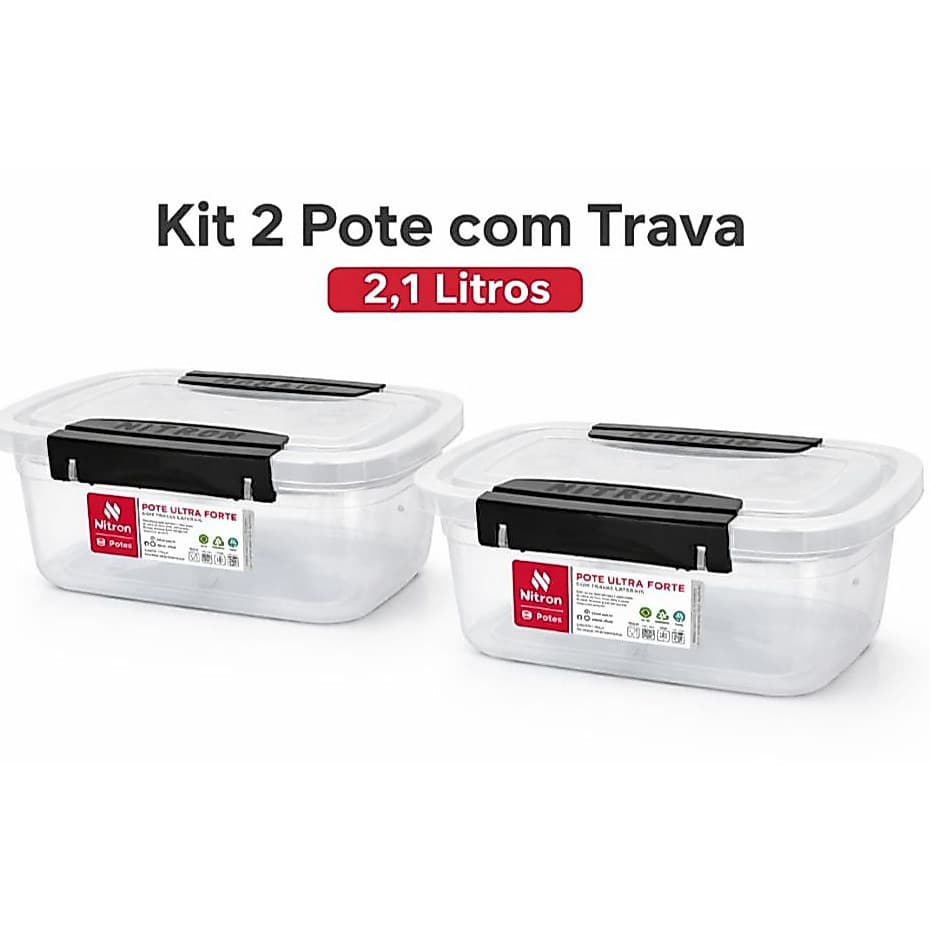 Kit 2 Pote Ultra Com Trava 2,1 litros Resistente e Livre de BPA Nitron