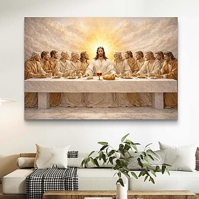 Quadro Decorativo Santa Ceia Jesus 3D Luxo com Luz Divina Dourada – Decoração Religiosa Premium