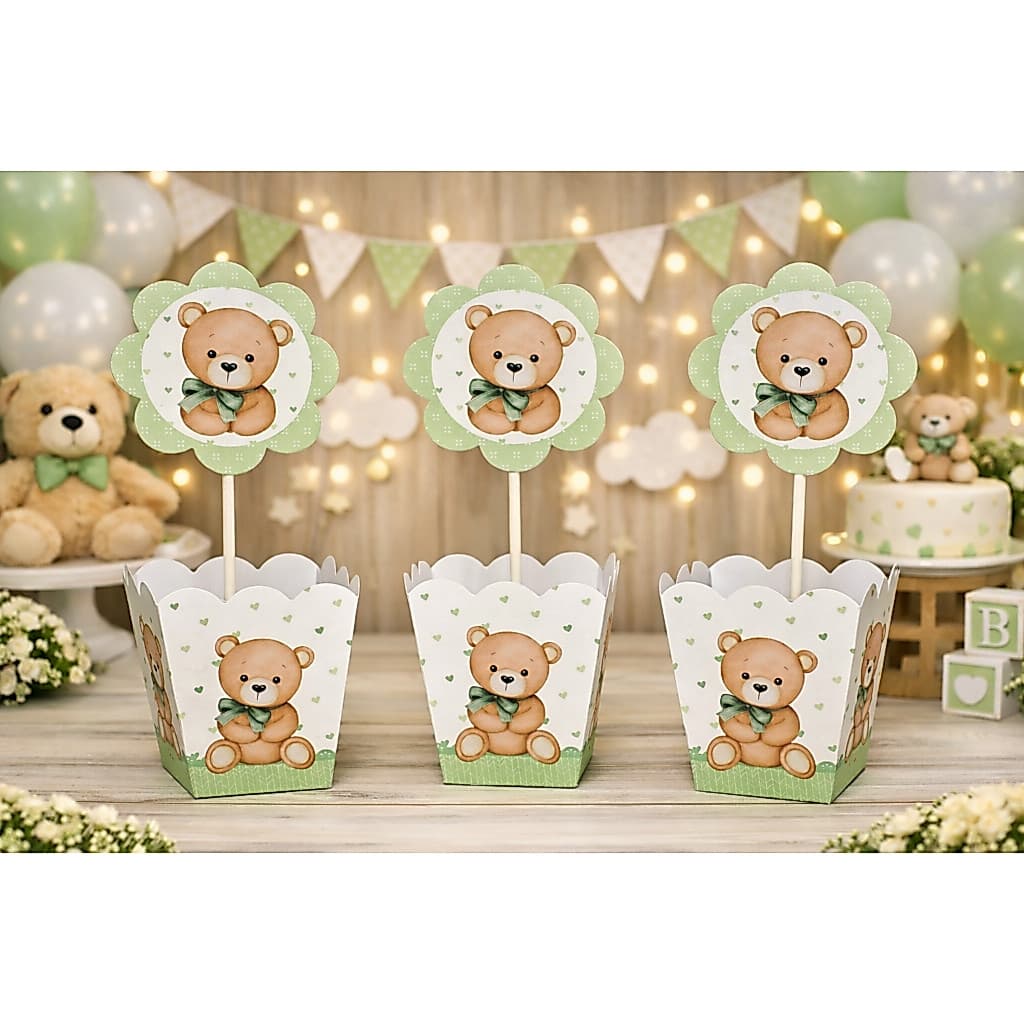 Kit 12 a 30 Centro de Mesa URSINHO VERDE CHÁ DE BEBÊ Cachepot Lembrancinha Pegue e Monte NÃO É PERSONALIZADO