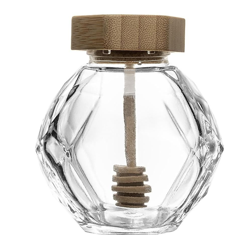 Meleira de Vidro com Tampa e Pegador de Bambu 10cm 200ml Wolff - Pote Porta Mel para Café da Manhã