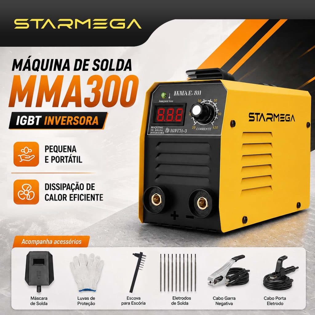 STARMEGA Soldador Portátil 220V MMA/MIG-300 Resistente Anti-Impato Kit Completo Fácil Usar Casa e Obra