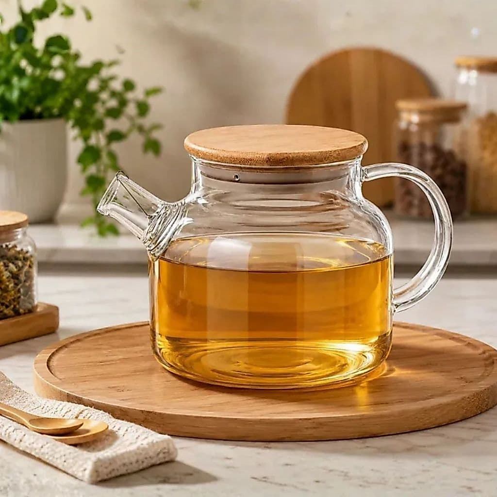 Chaleira de Vidro 1L Borossilicato Bule Chá Premium para Fogão Filtro Inox Tampa Bambu Mesa Posta